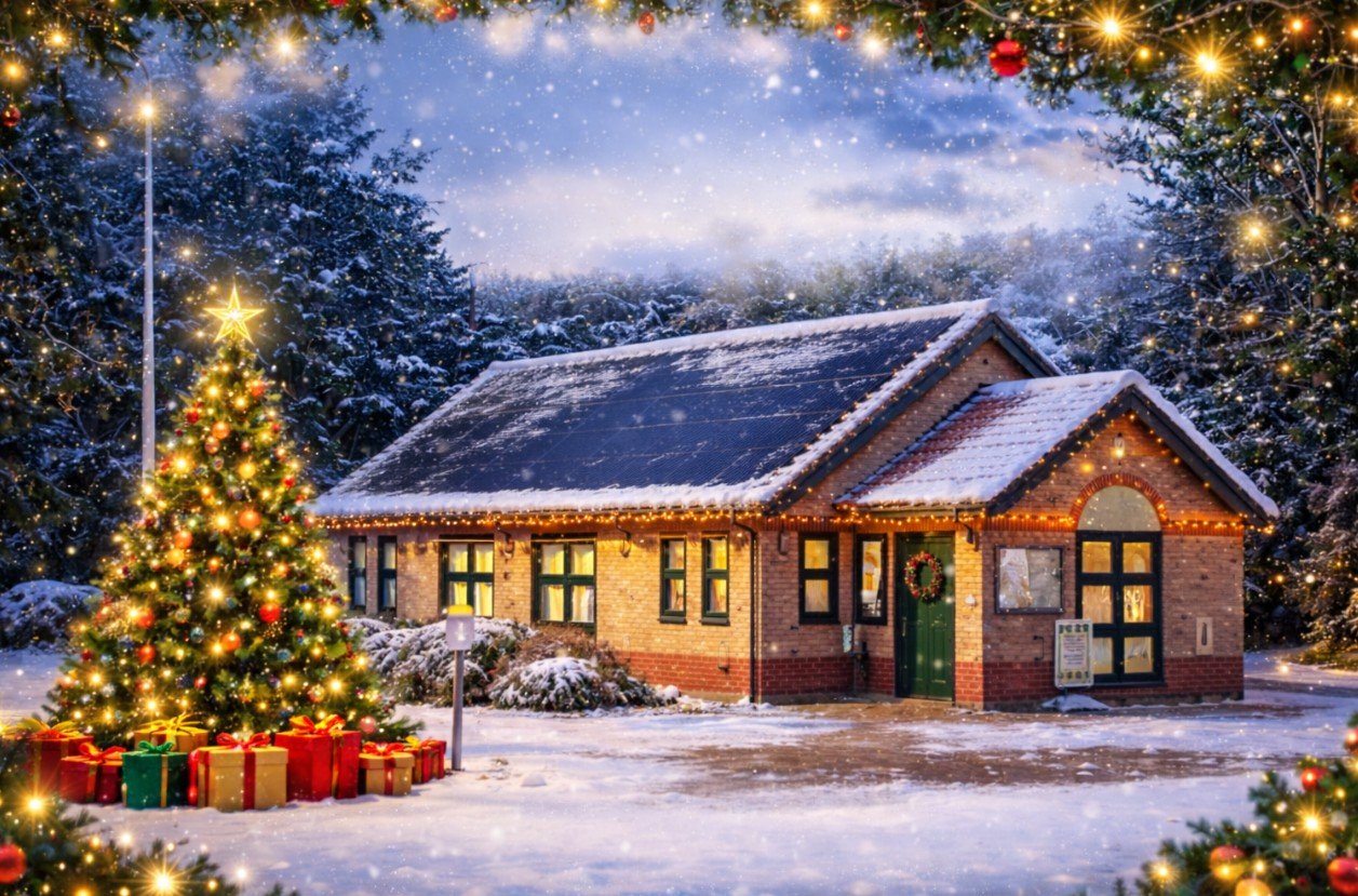 Kesgrave Town Council offices decorated for Christmas, with festive lights and a Christmas tree outside the building in a winter setting.
