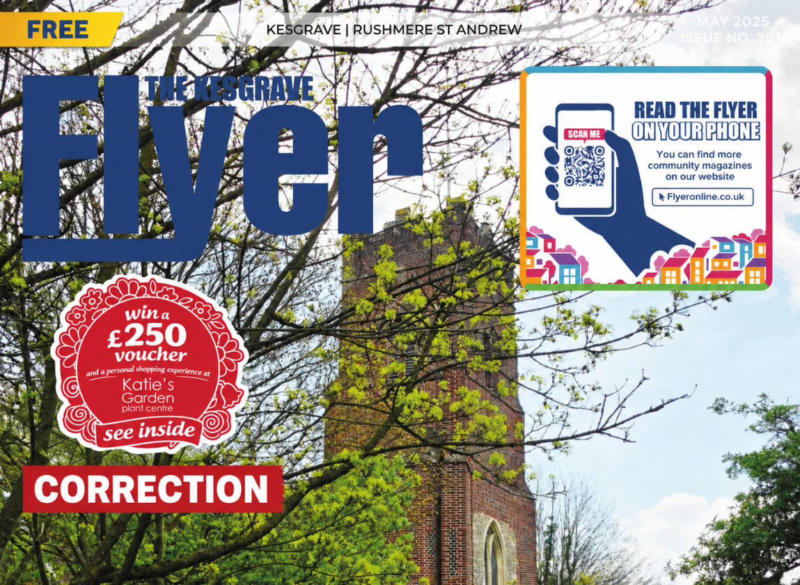 Front cover of The Kesgrave Flyer May edition with a large red 'CORRECTION' banner, featuring a church tower behind spring trees.