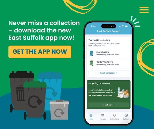 A promotional graphic for the East Suffolk app showing a smartphone displaying bin collection dates next to illustrated wheelie bins.
